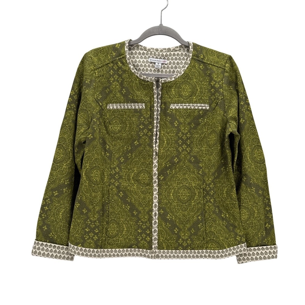 Isaac Mizrahi Live Green Paisley Medallion Zip Front Jacket Blazer Size 10